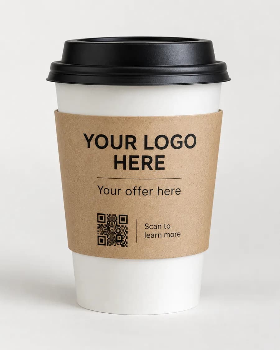 Coffee cup with a kraft sleeve reading 'Your logo here', an offer line and a QR code